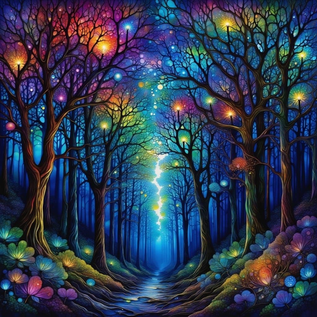 Midnight Forest with Velvet Skies and Butterfly Trees
