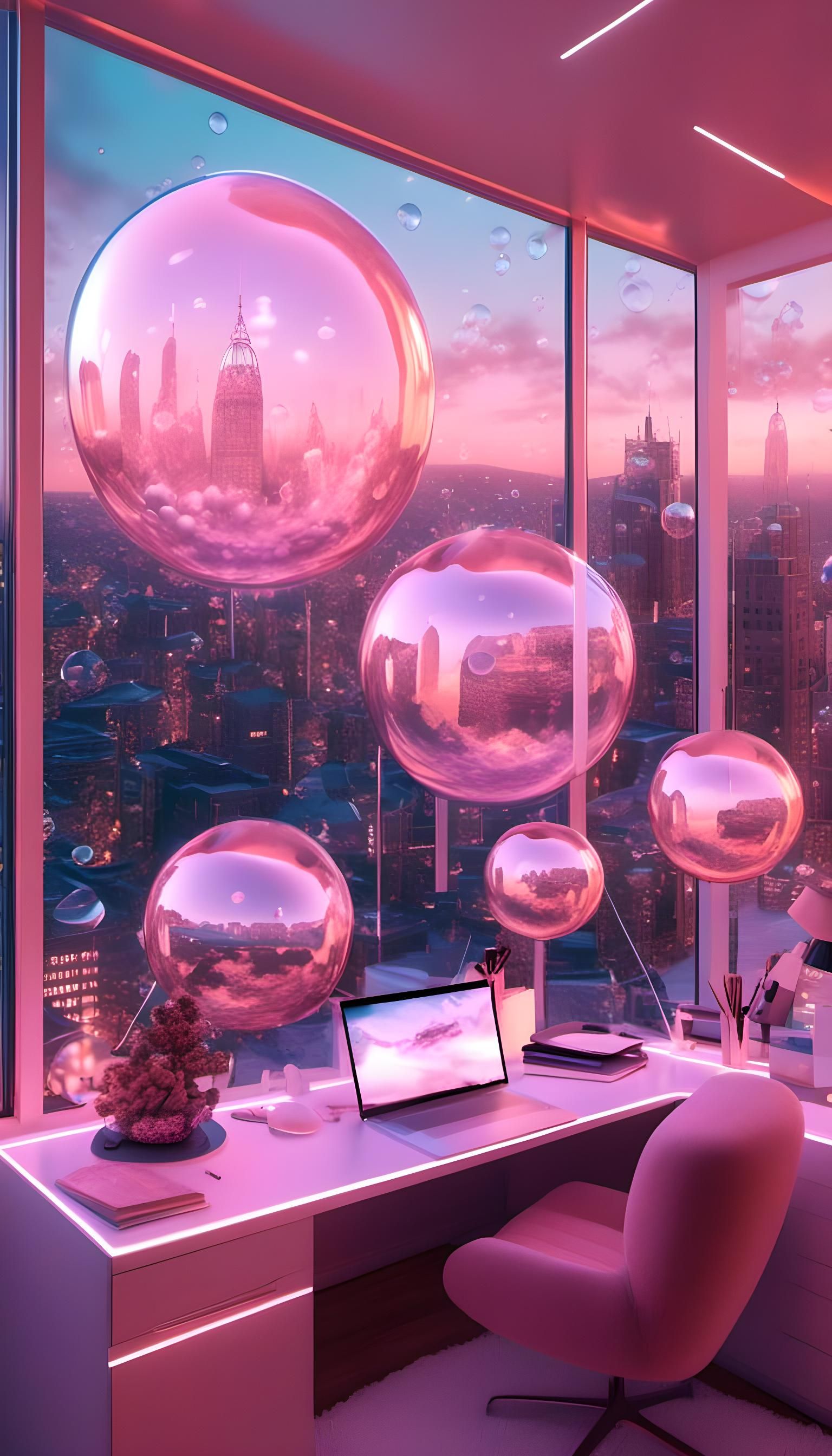 Futuristic Pink Home Office with Vaporwave City View