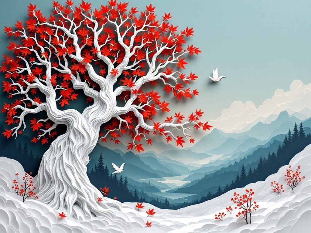Majestic Maple Tree in Dimensional Papercraft Style