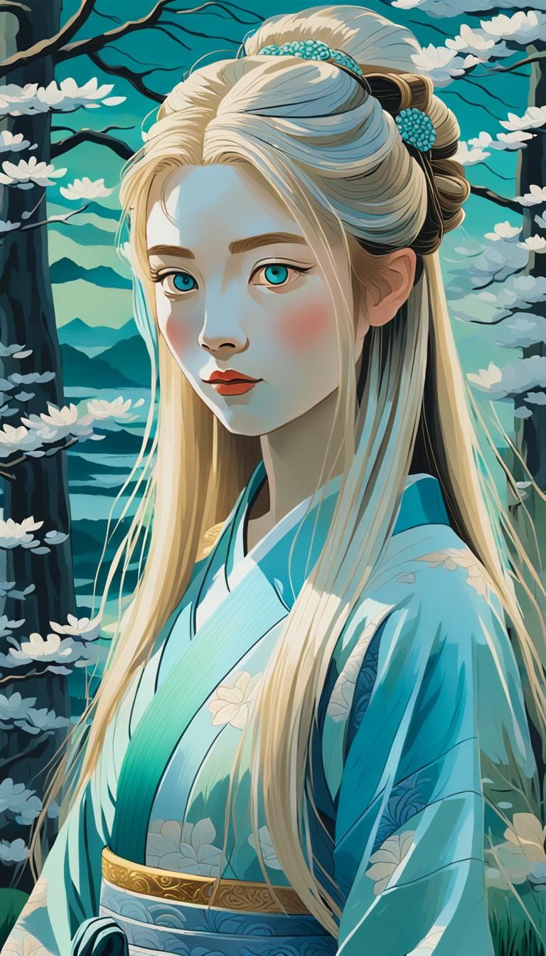 Geisha in Japanese Landscape, Ukiyo-e Style