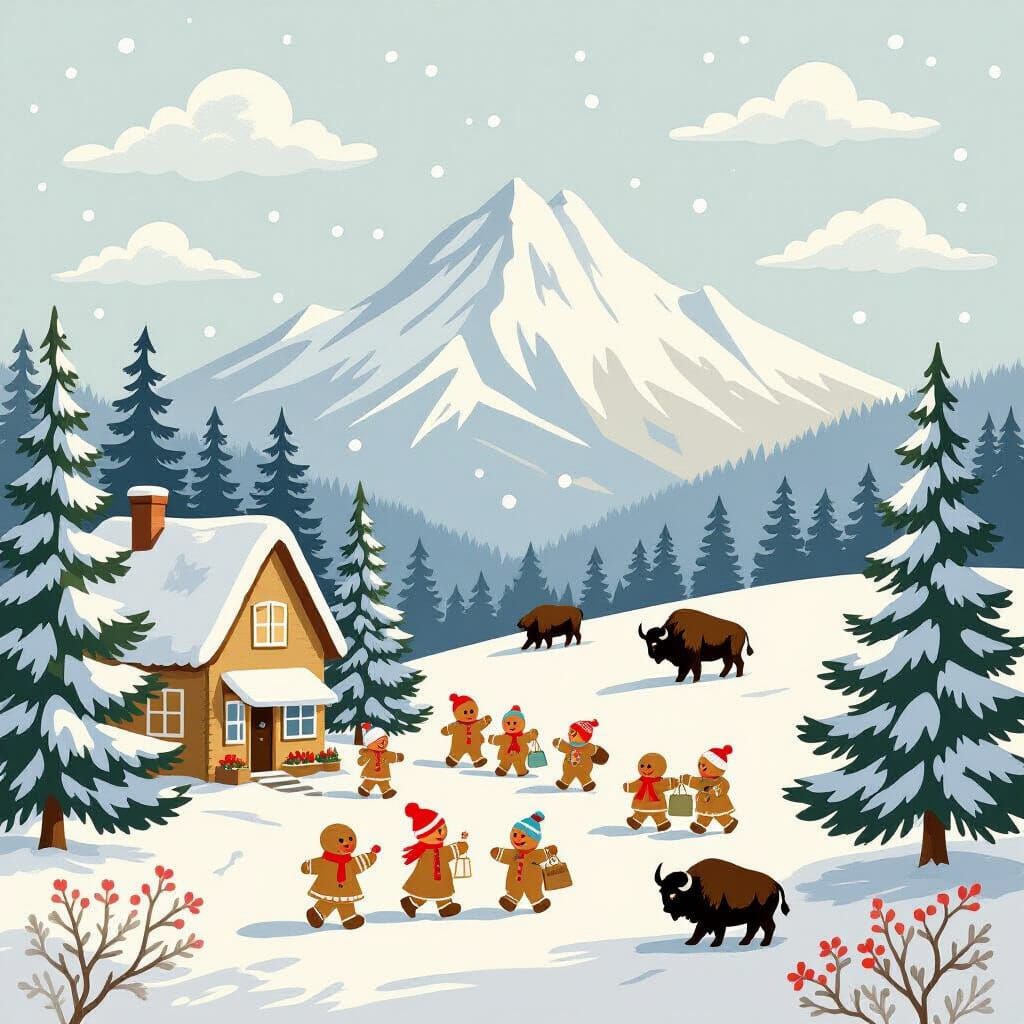 Gingerbread Village Scene with Snow Mountain Backdrop