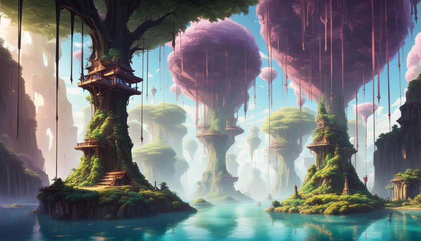 Dreamscape with Floating Islands and Robot Butlers