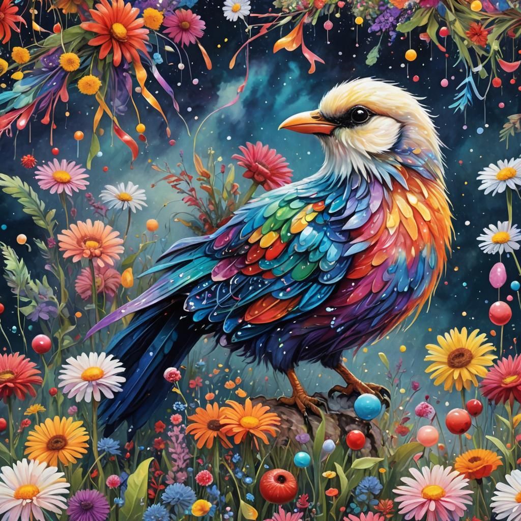 Iridescent Bird in Candy Land Starry Night