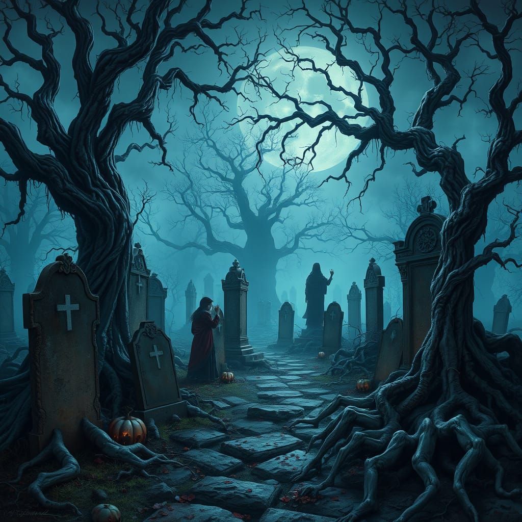 Eerie Spectral Figures Dance in Twilight Garden