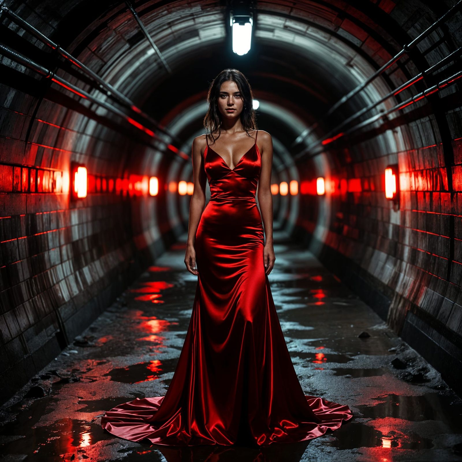Woman in Red Light, Photorealistic Subway Tunnel