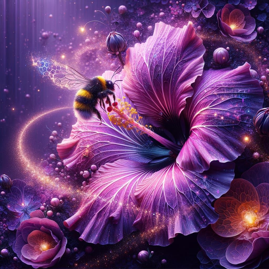 Purple Hibiscus with Bumblebee in a Magical Forest
