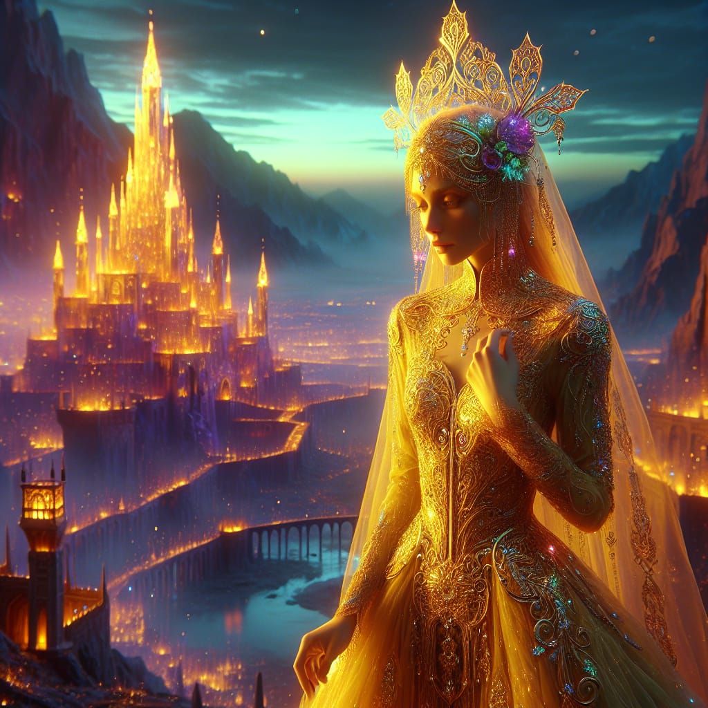 Noble Woman in Gold Dress at Dusk