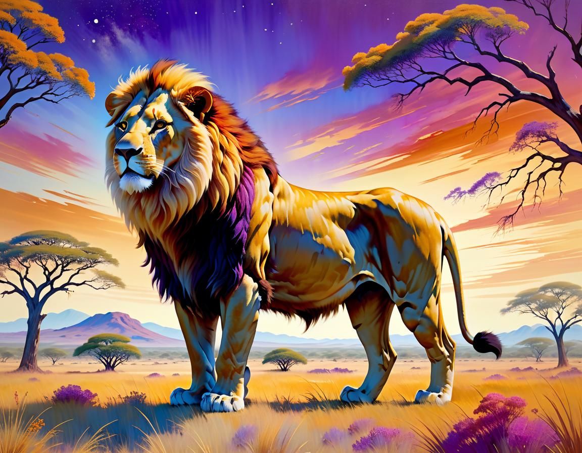 Majestic Lion in Dreamlike Savannah Landscape