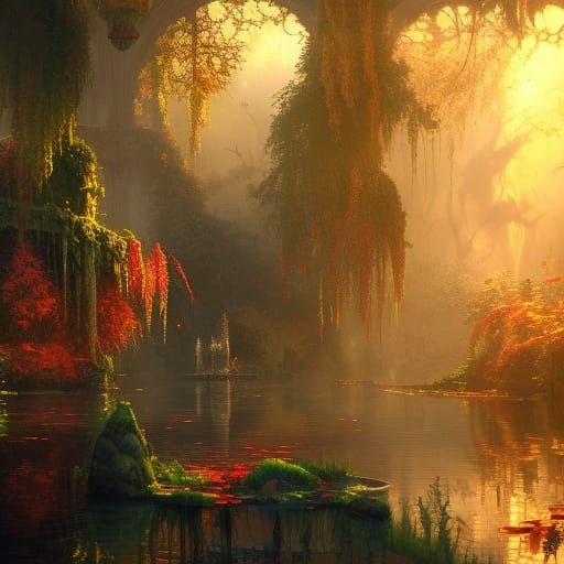 Lush Gothic Water Garden in Golden Light
