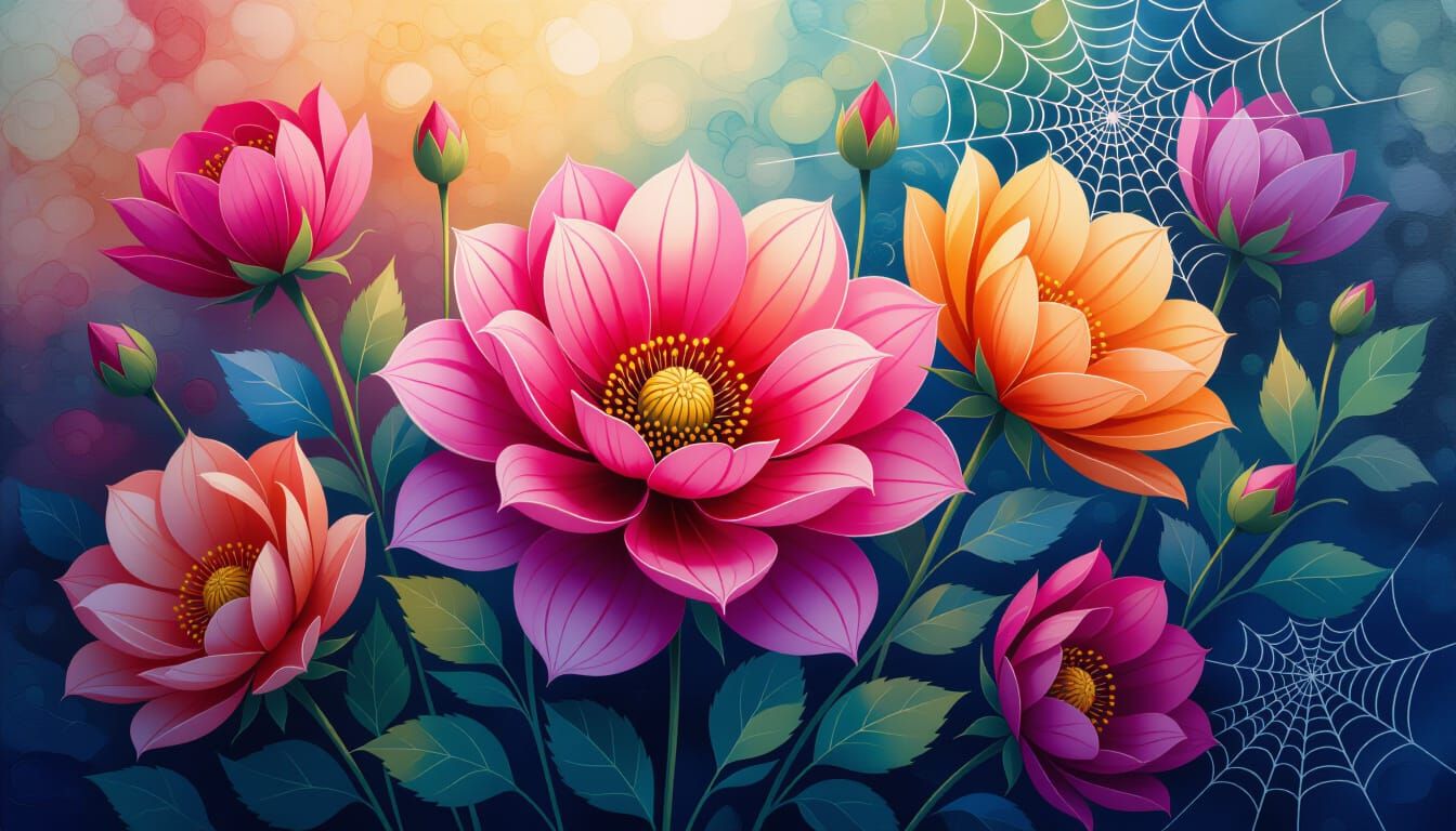 Intricate Spiderweb Flower Garden in Vivid Alcohol Ink Style