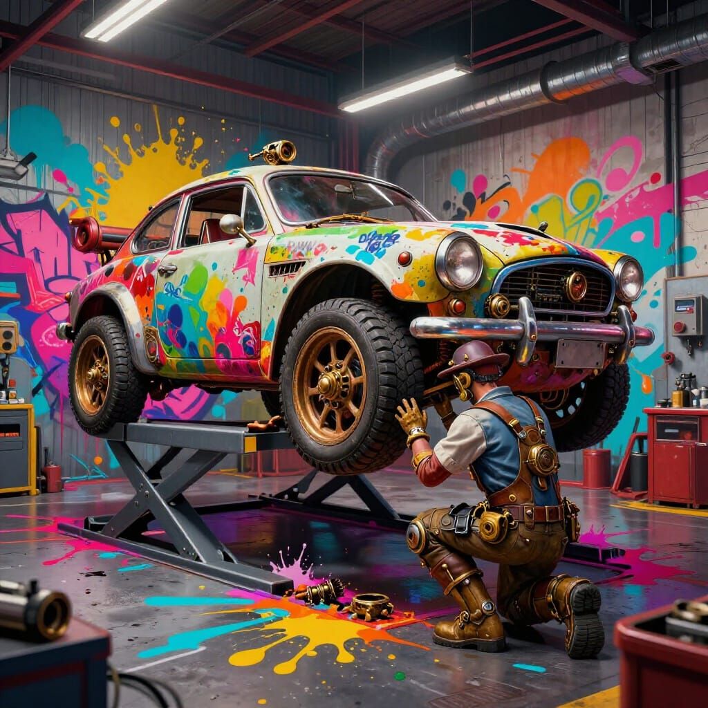 Futuristic Steampunk Garage with Mechanic and Car