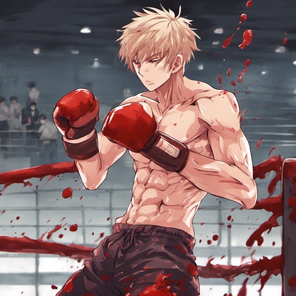 Anime Boy Boxing with Blood Splatter