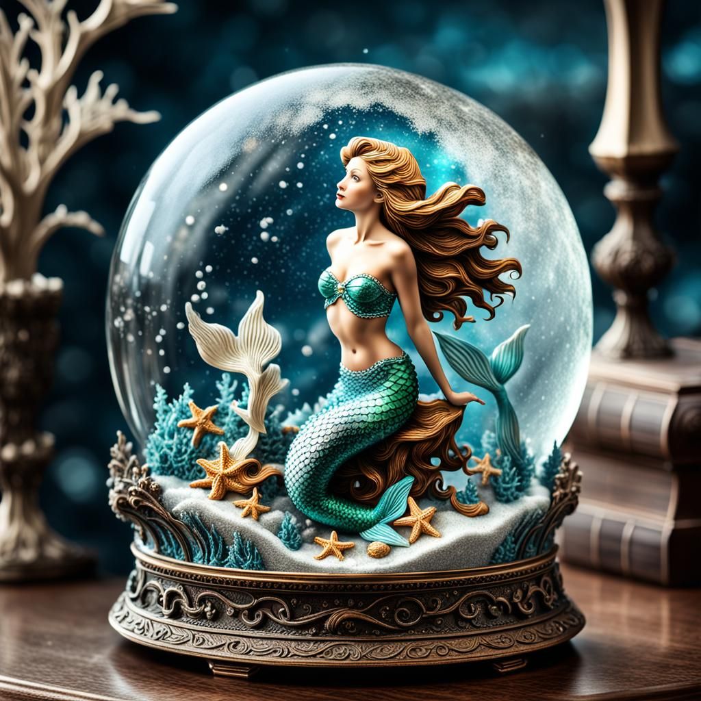 Mermaid in Snowglobe: Hyperrealistic Product Photo