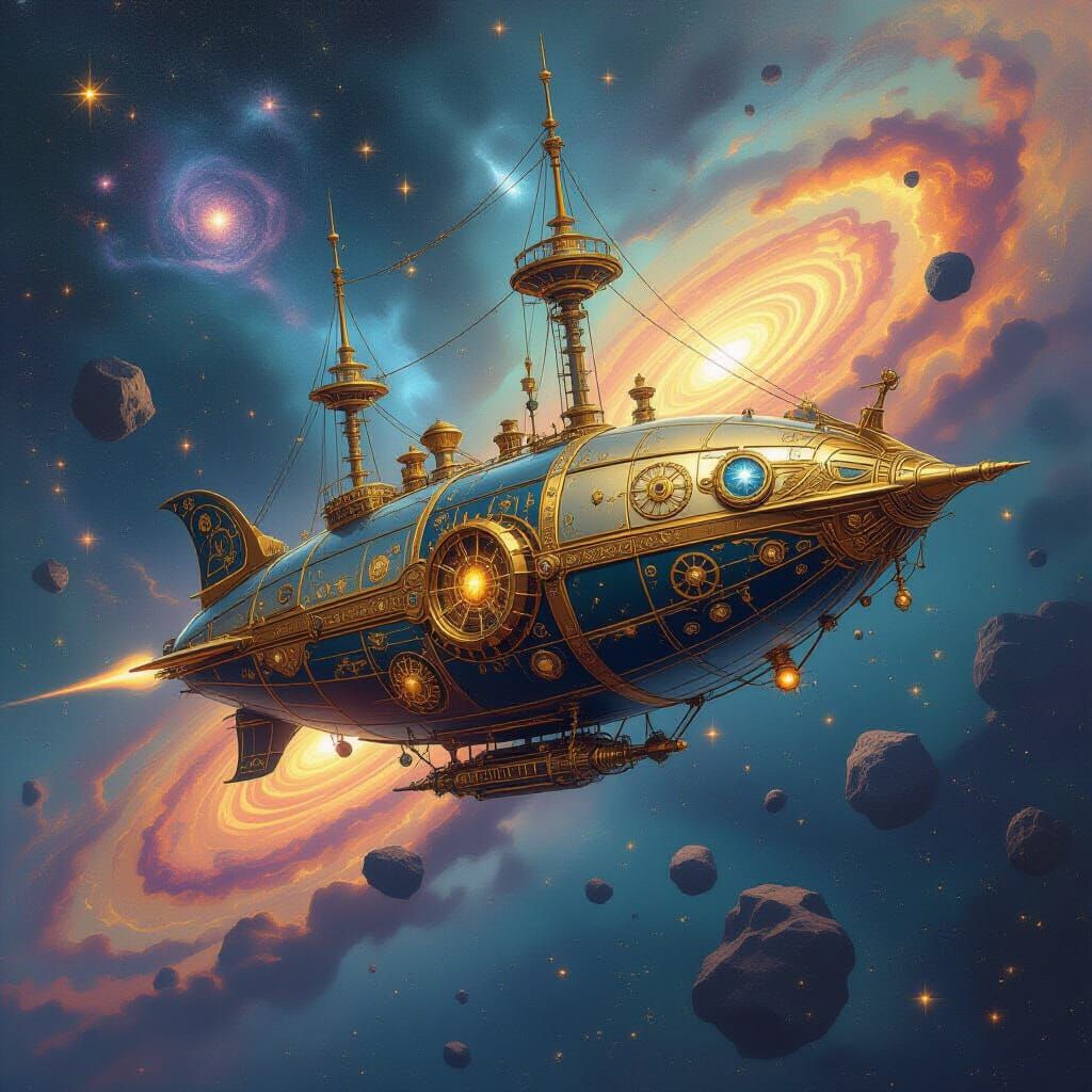 Celestial Steampunk Airship Navigates Cosmic Nebula