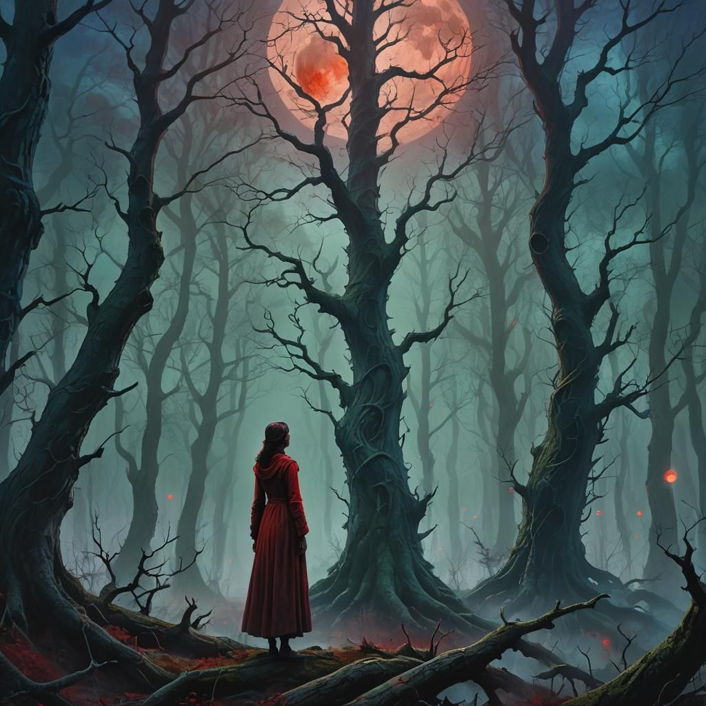 Foggy Forest with Red Moon in Fantasy Style