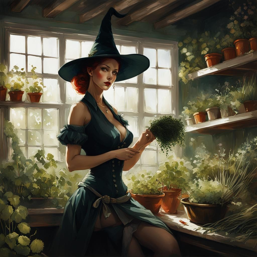 Pin-Up Witch Harvesting Herbs in Garden