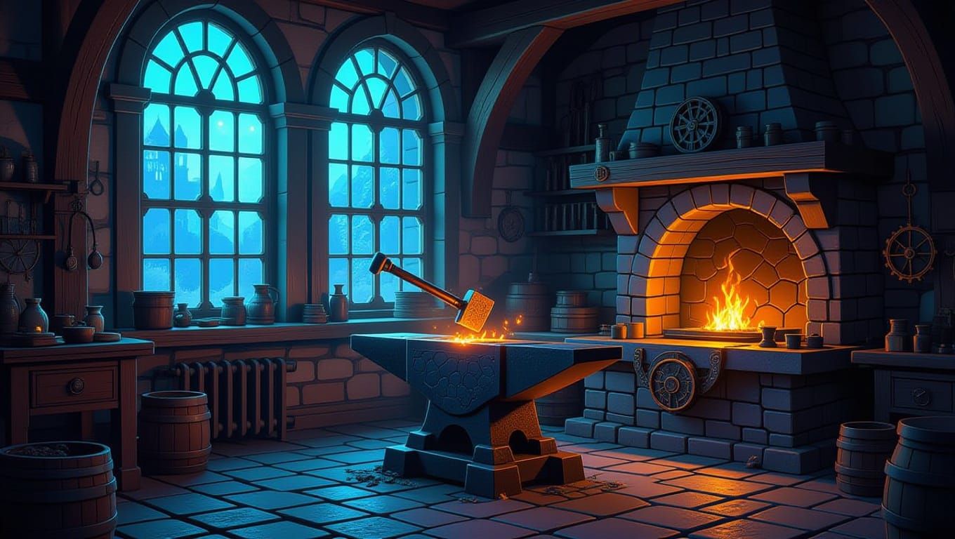 Whimsical Blacksmith Forge in Storybook Style