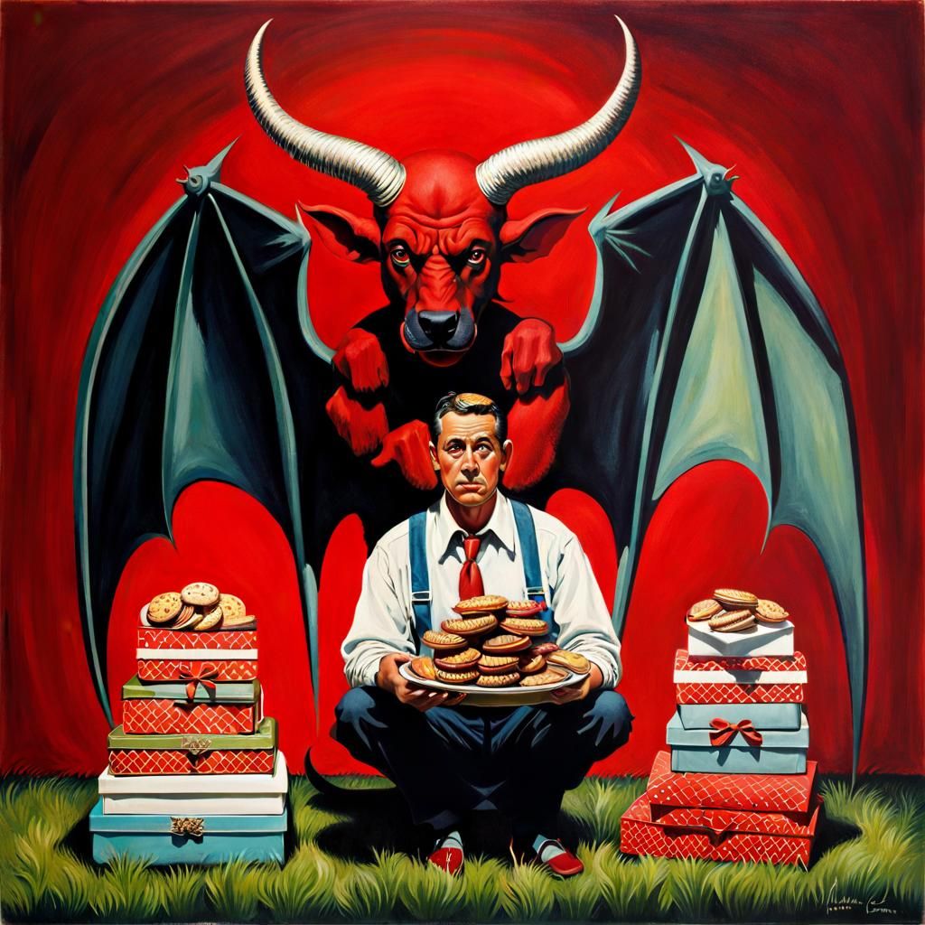 Devil Tempted by Girl Scout Cookies, Rockwell Style