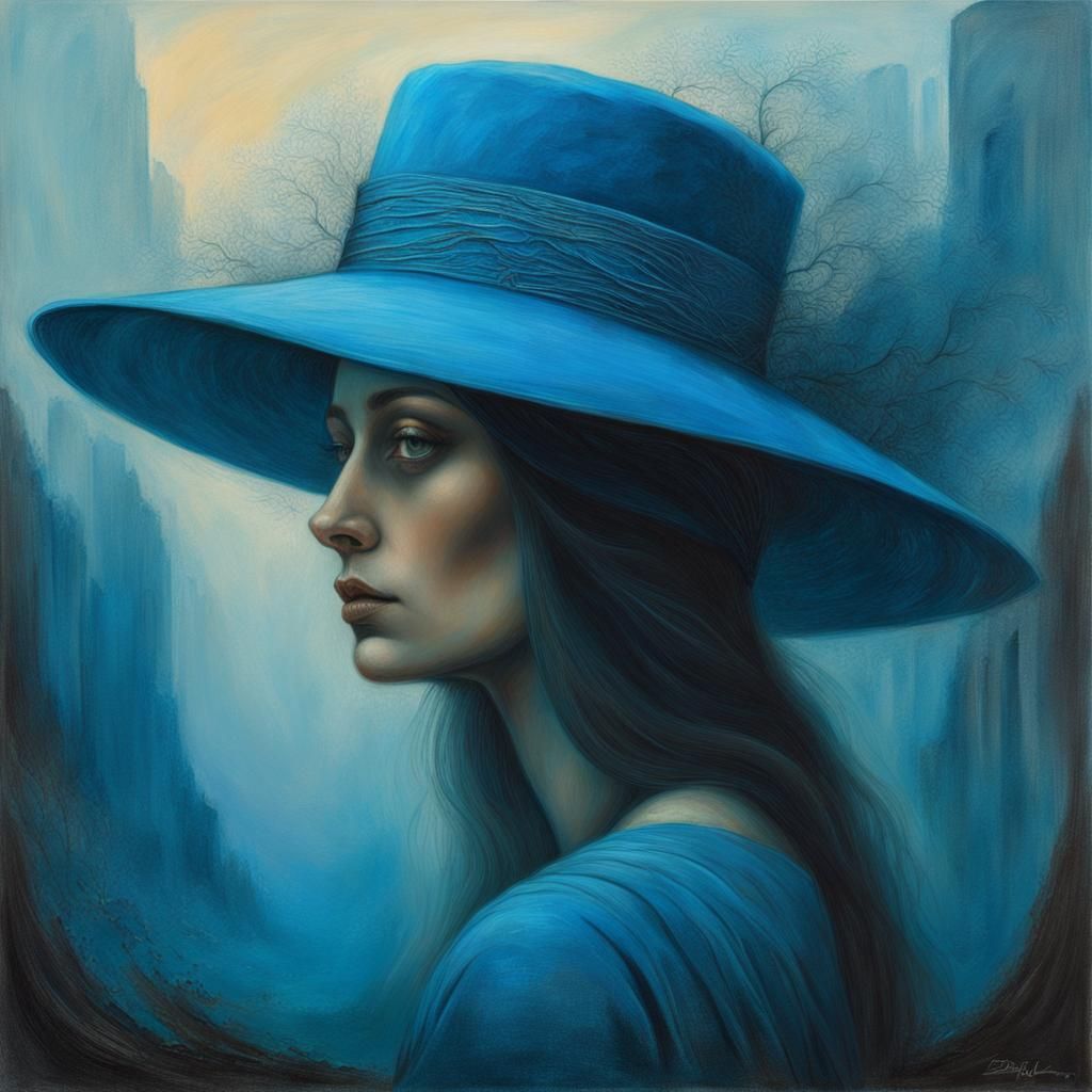 Woman in Blue Hat: Surrealist-Inspired Portrait