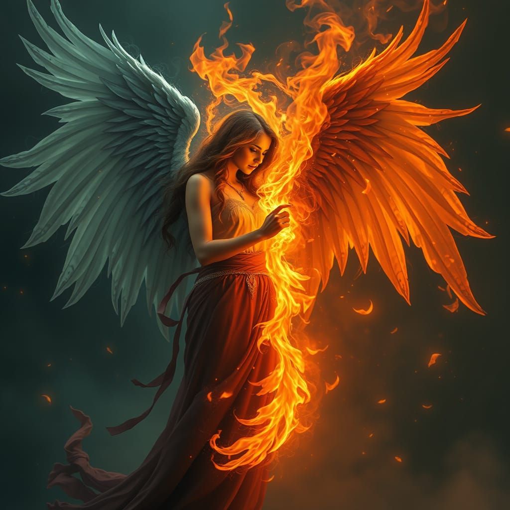 Angel and Woman Embracing Fire and Light