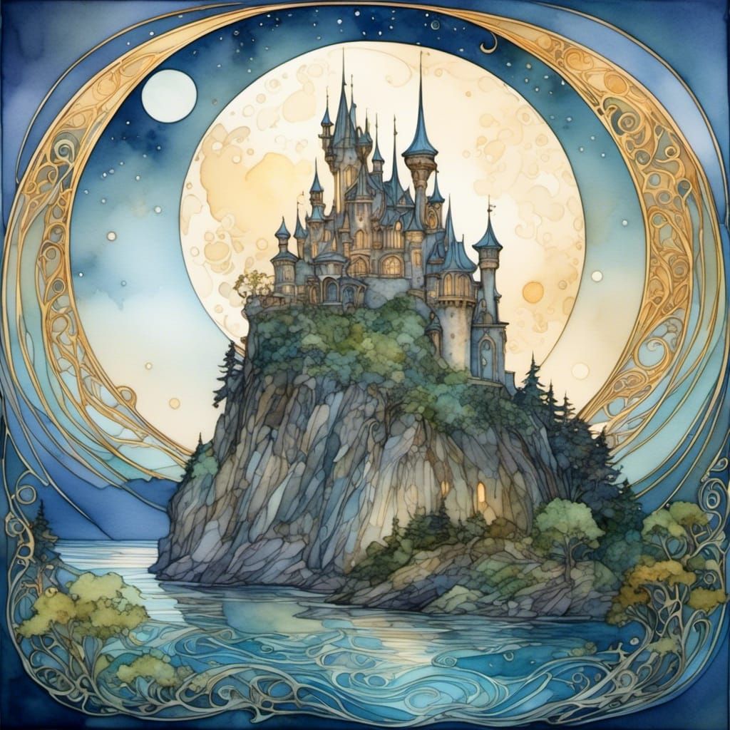 Art Nouveau Castle Silhouetted by Moon, Watercolor