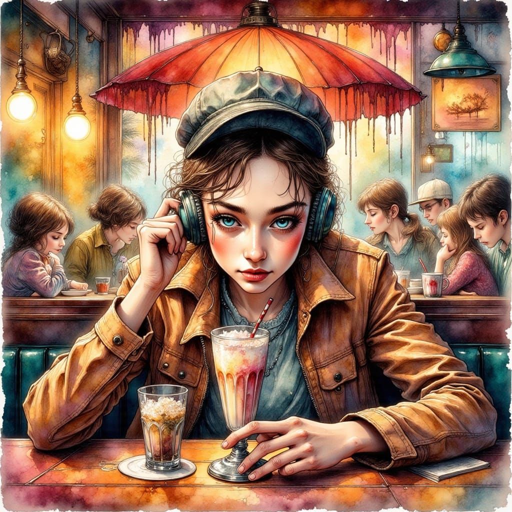 Puzzled Man with Milkshake in James Jean Style