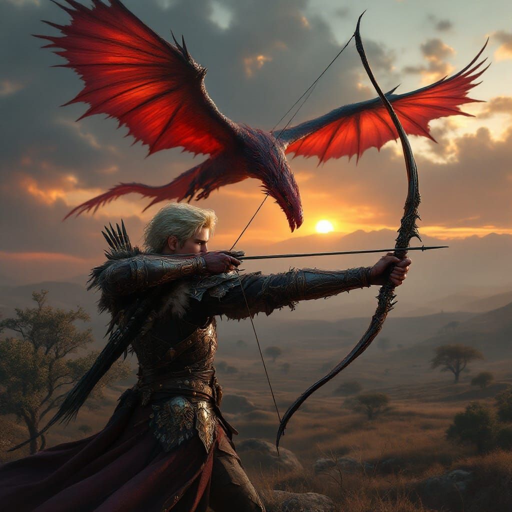 Majestic Warrior Takes Aim at Red Raptor in Dark Fantasy Lan...