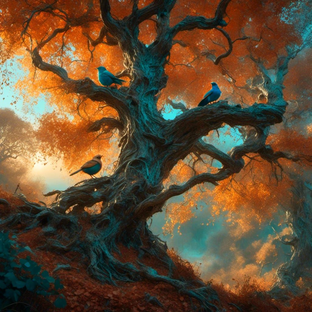 Birds on Tree at Sunrise: Fantasy Concept Art
