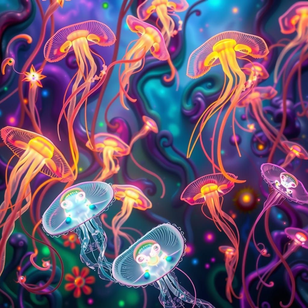 Glowing, Iridescent Creatures in a Surreal, Dreamlike Ecosys...
