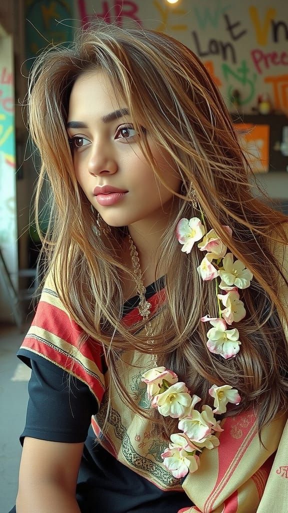 Vibrant Indian Goddess in Graffiti Street Art Style