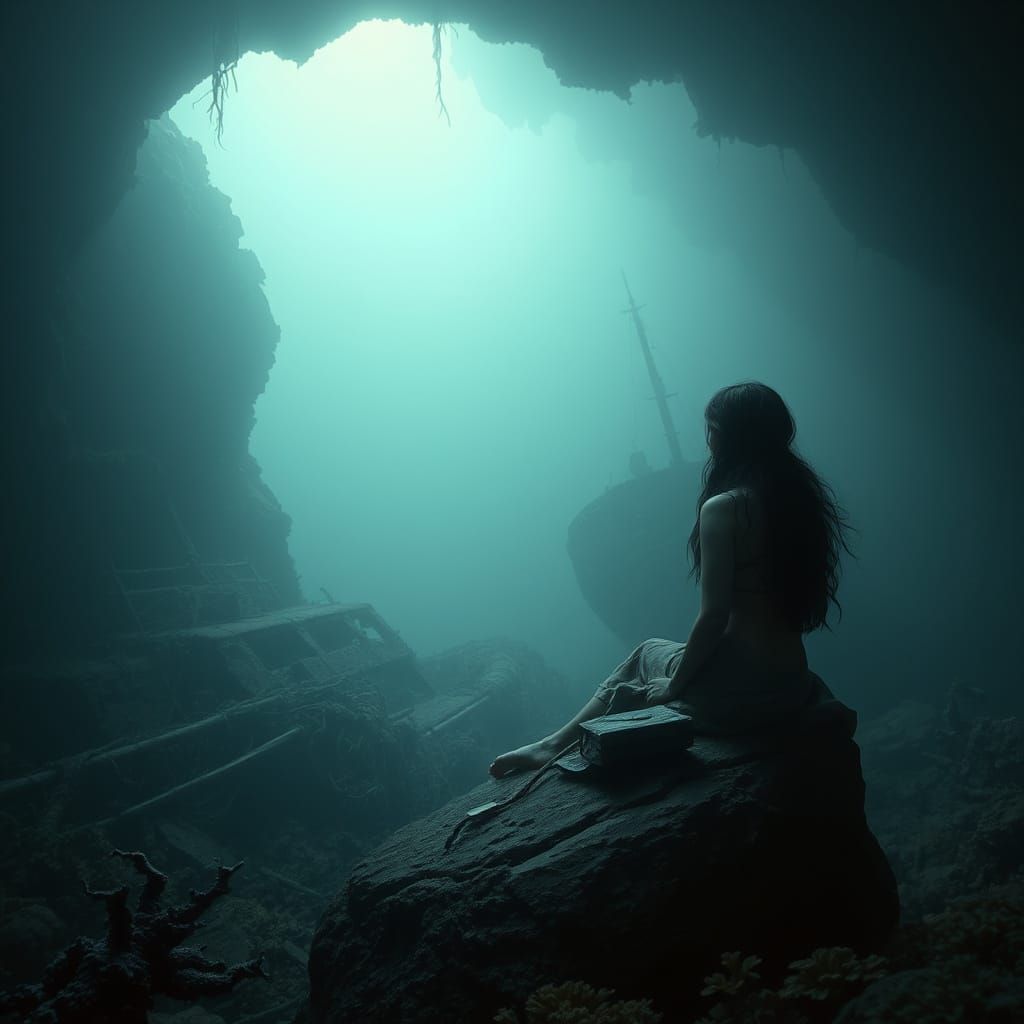 Melancholic Mermaid in Misty Underwater Cave