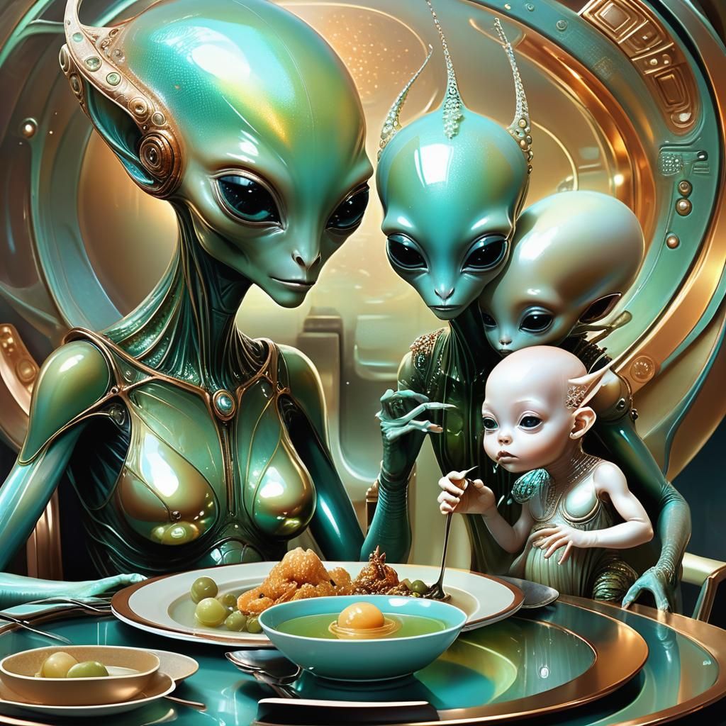 Surreal Alien Family Fine Dining, Postmodern Style