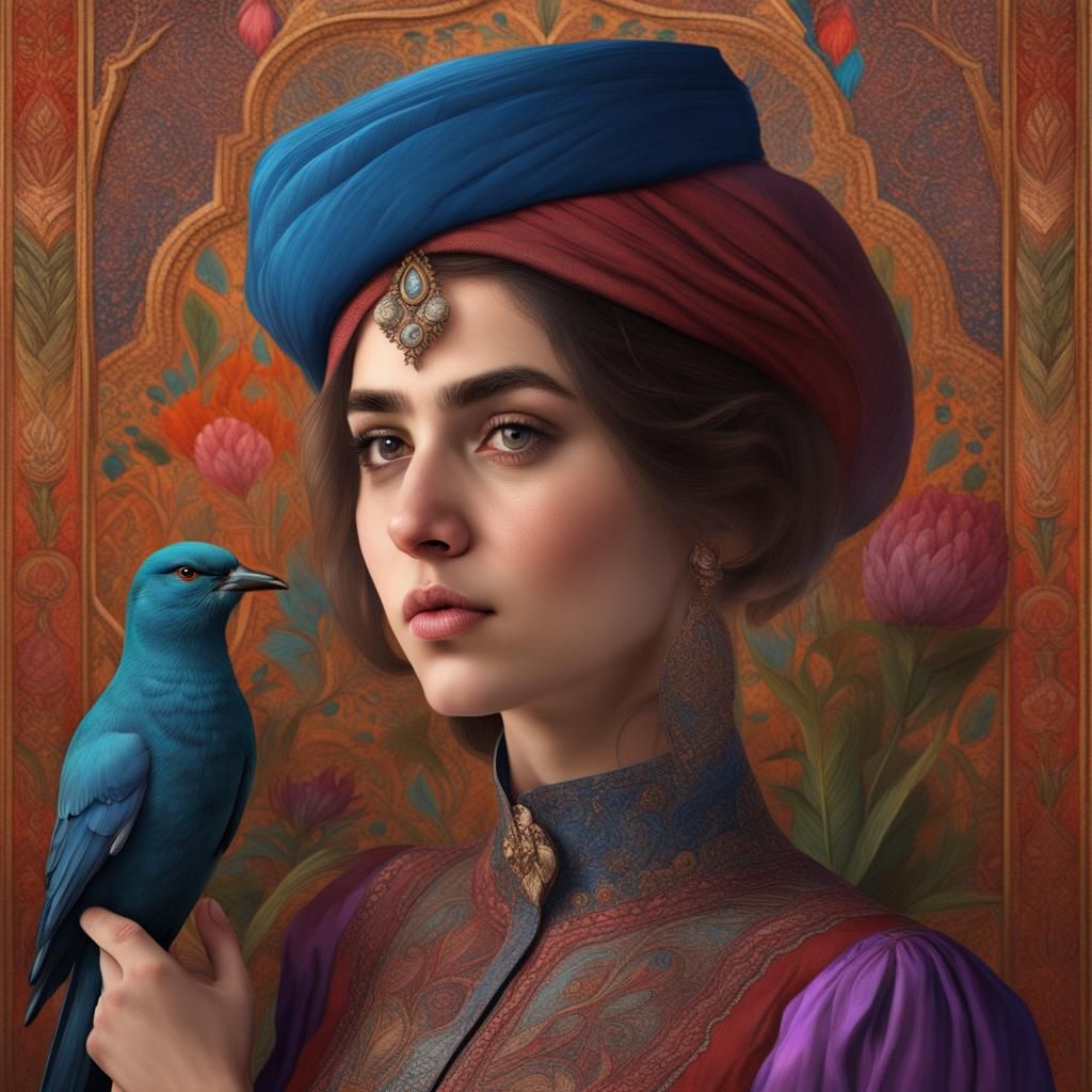 Woman and Bird in Qajar Art Style