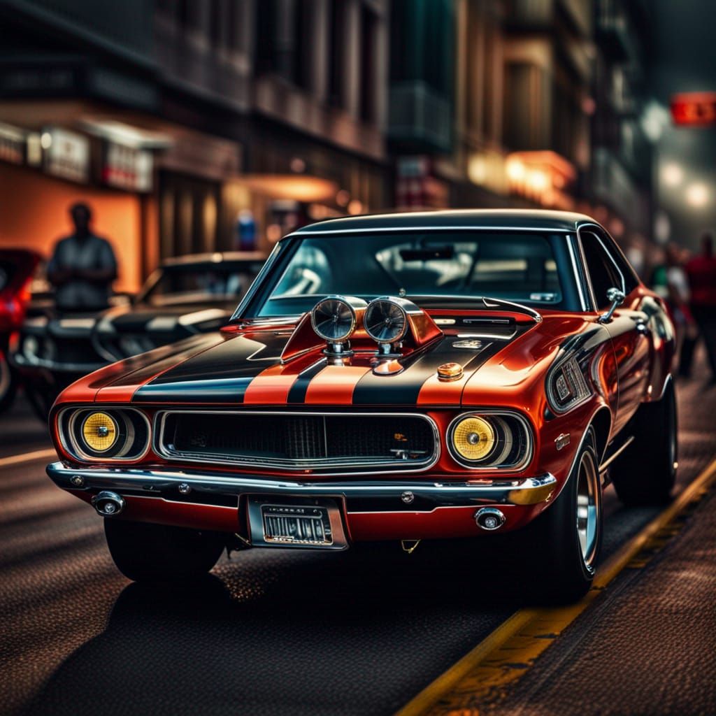 Hyperrealistic Muscle Cars Street Race in Sharp Focus