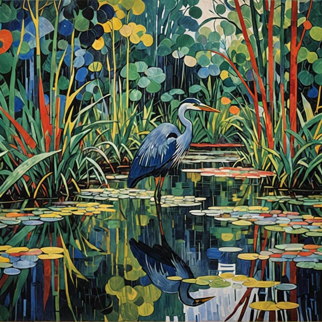 Heron in Backwaters: Abstract Expressionist Triadic Colors