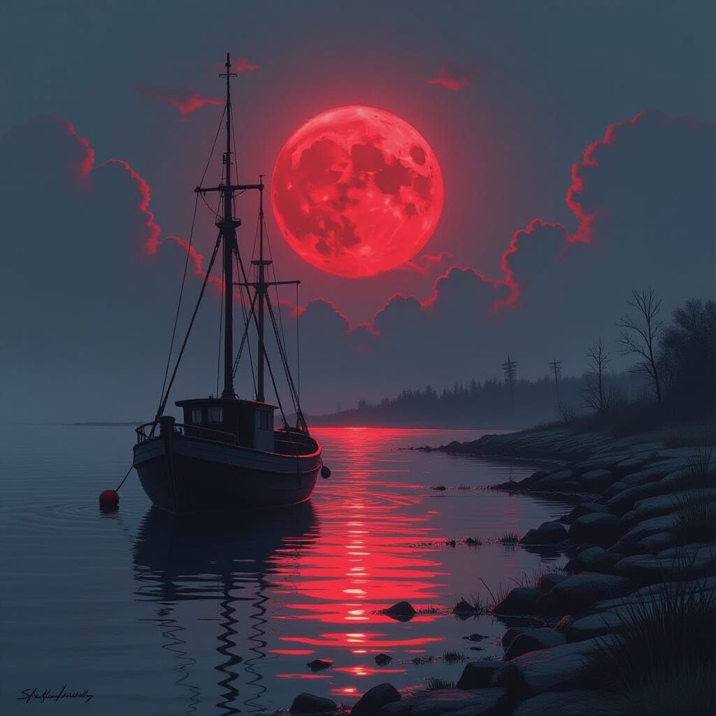 Atmospheric Harbor Bathed in Blood-Red Moonlight