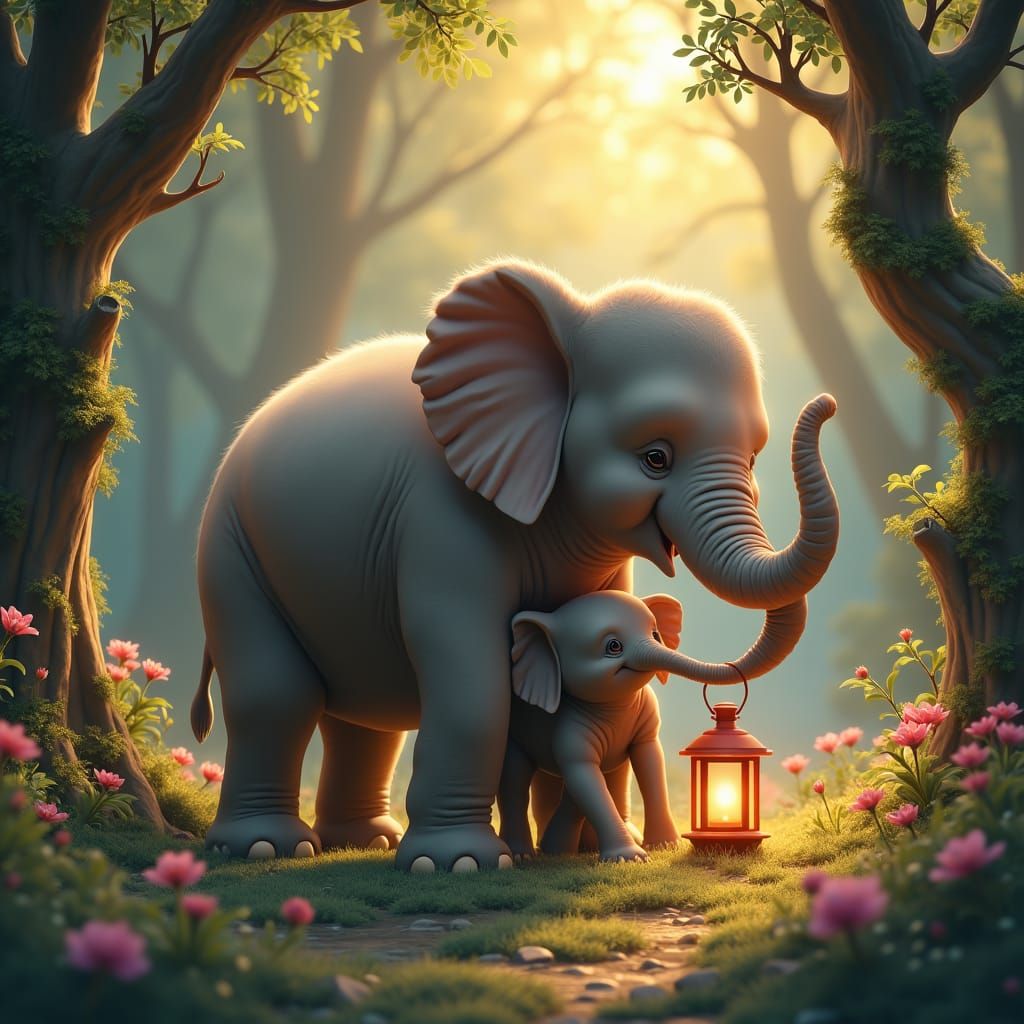 Elephant Mother and Calf in Lantern-Lit Forest