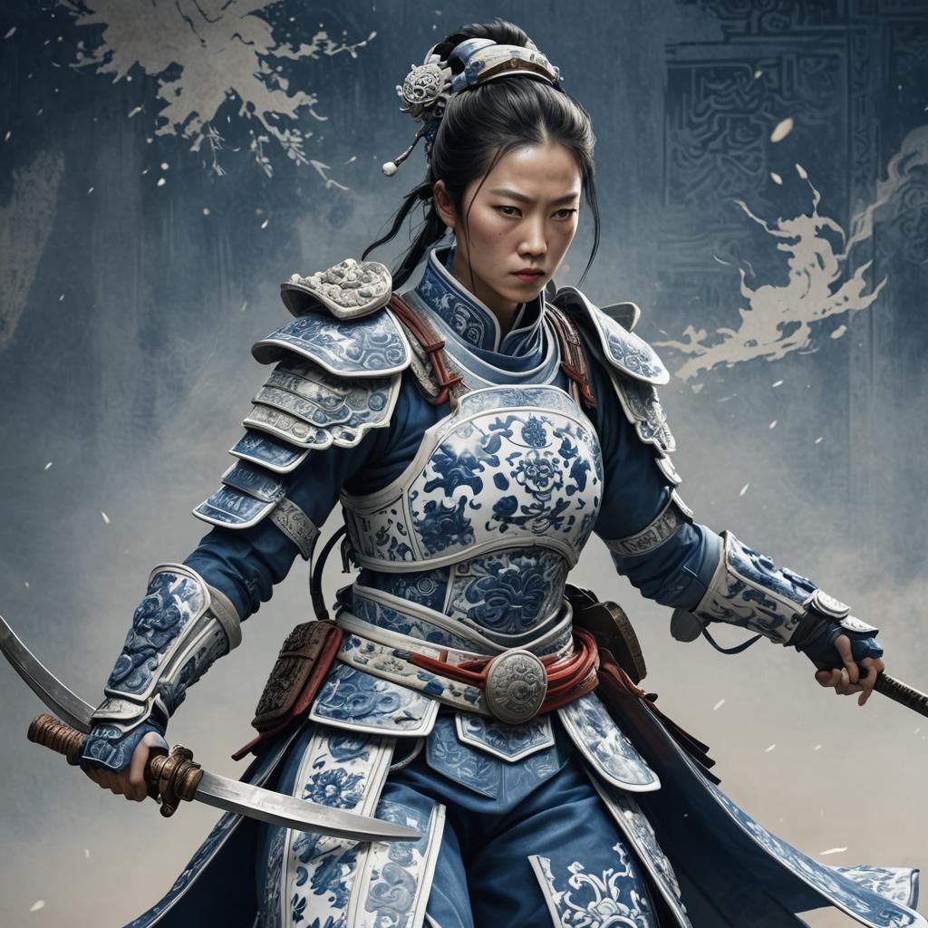 Qing Dynasty Porcelain Assassin: Hyperrealistic Concept Art