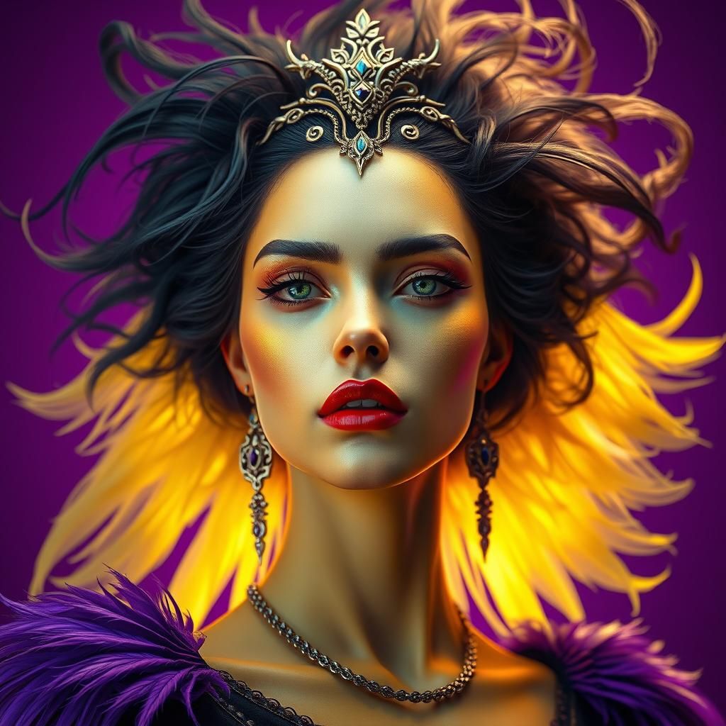 Golden Woman with Feathers, Dark Fantasy Art