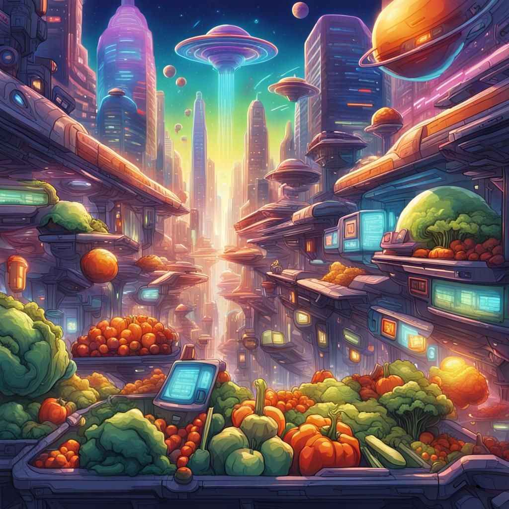 Futuristic Cityscape with Alien Spacecraft in Sci-Fi Style