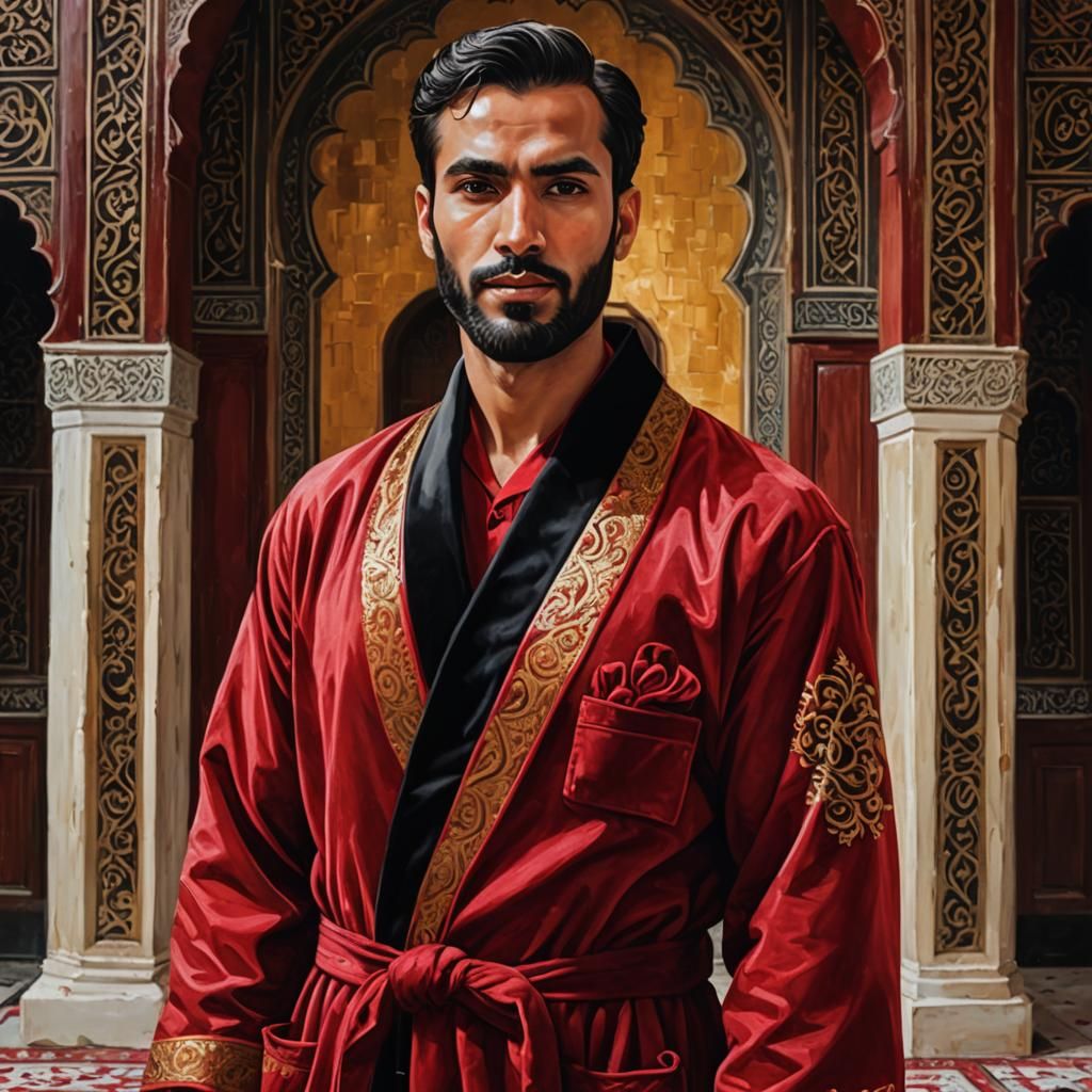 Handsome Muslim Man in Red Velvet Robe