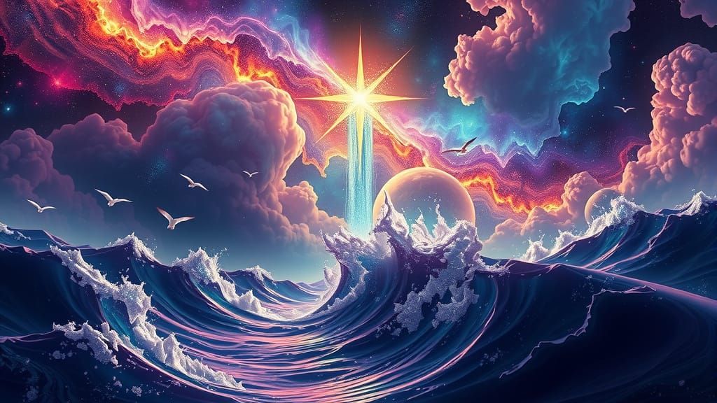 Stardust Waterfall into Earth's Oceans: Hyper-Detailed Scene