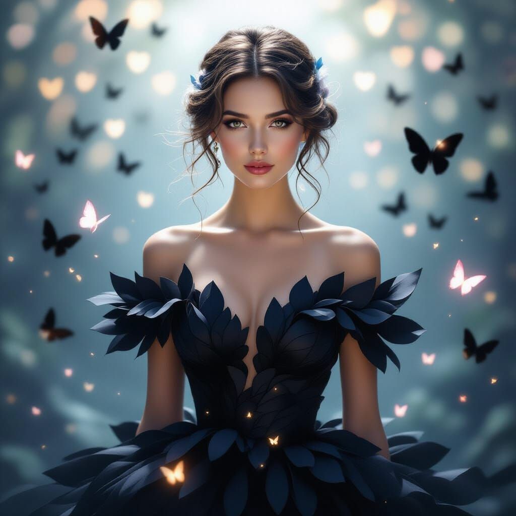 Ethereal Woman in Black Petal Gown with Glowing Butterflies