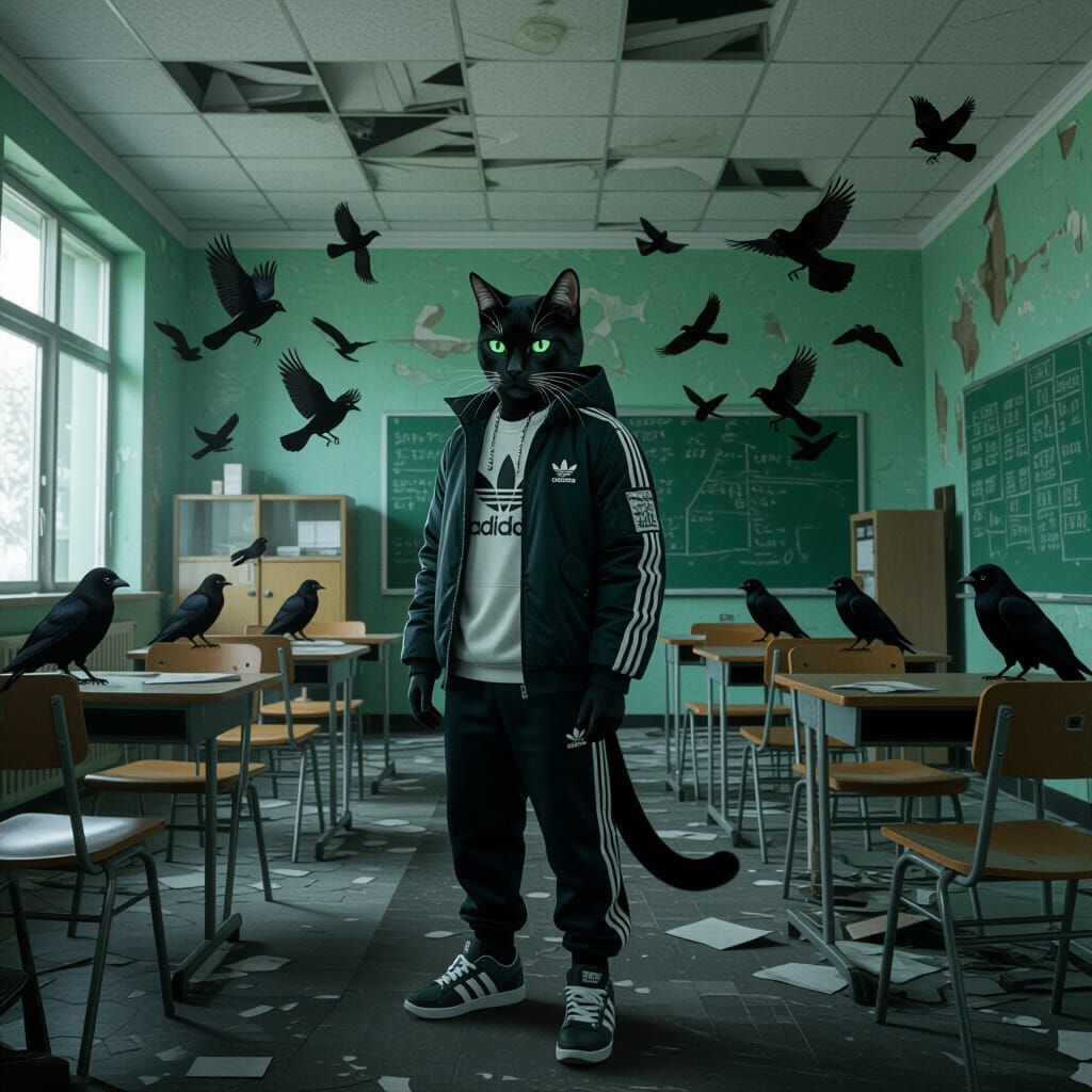 Cybernetic Cat in Damaged Classroom: Cyberpunk Scene