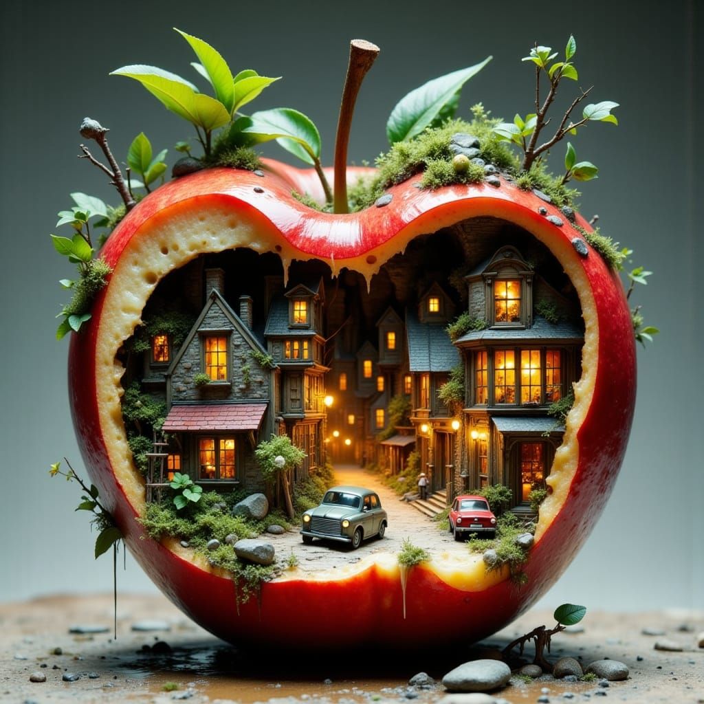 Miniature Cityscape Revealed Inside Apple