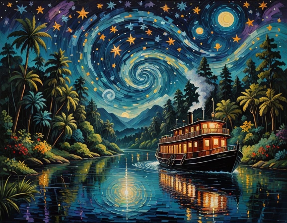 Impasto Painting of Elegant River Cruise Under Starry Night ...