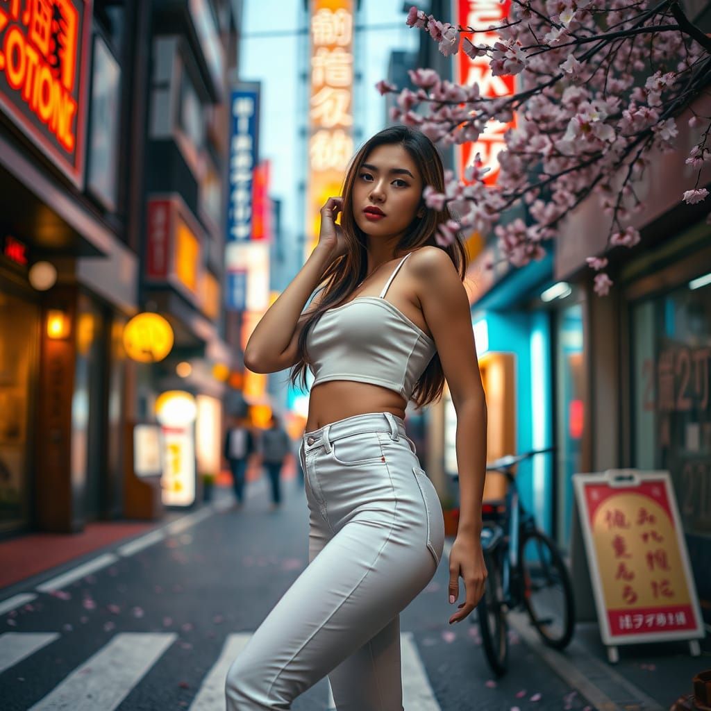 Woman Posing in Vibrant Tokyo Street with Neon Lights