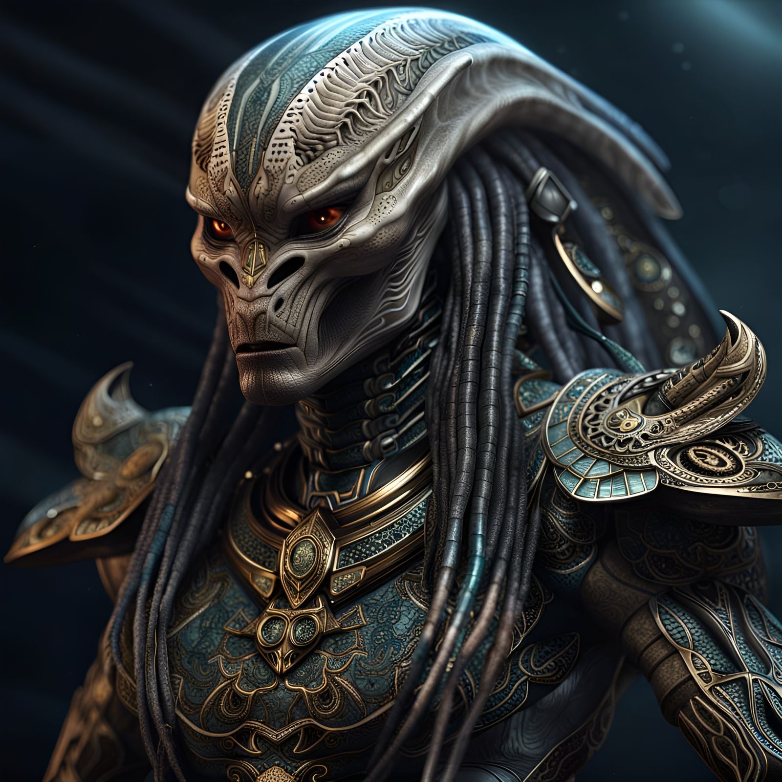Ornate Yautja Predator Portrait in Cosmic Detail