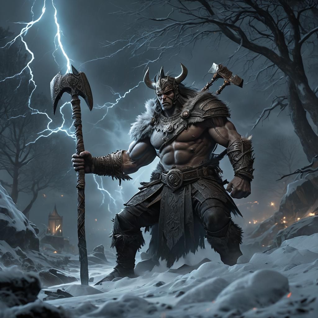 Ancient Warrior in Frost Lands Lightning Storm