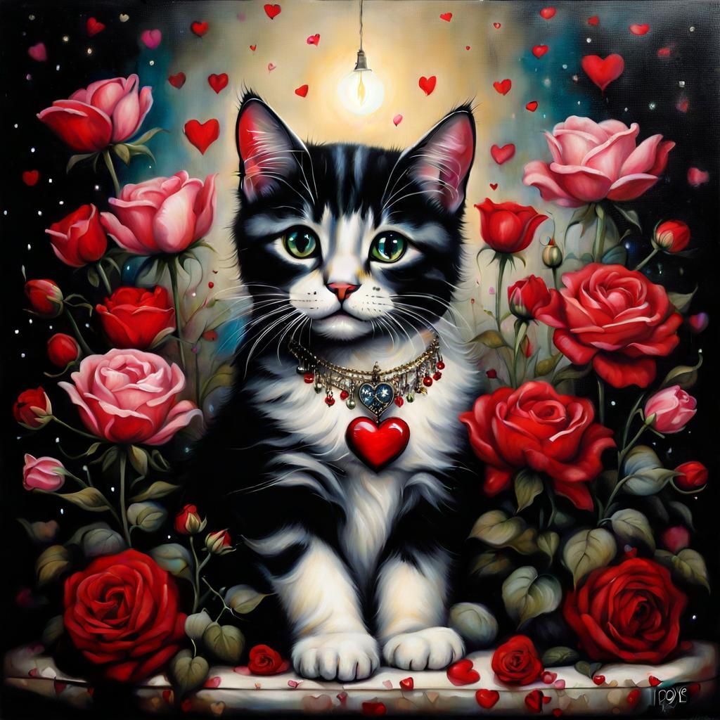 Cat on Pillow with Flowers in Portrait Style